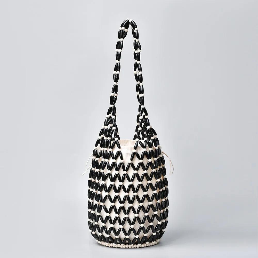 Sac à main tissé pour femmes, sac à perles en bois ajouré, sac seau à bandoulière, sac à main de pla