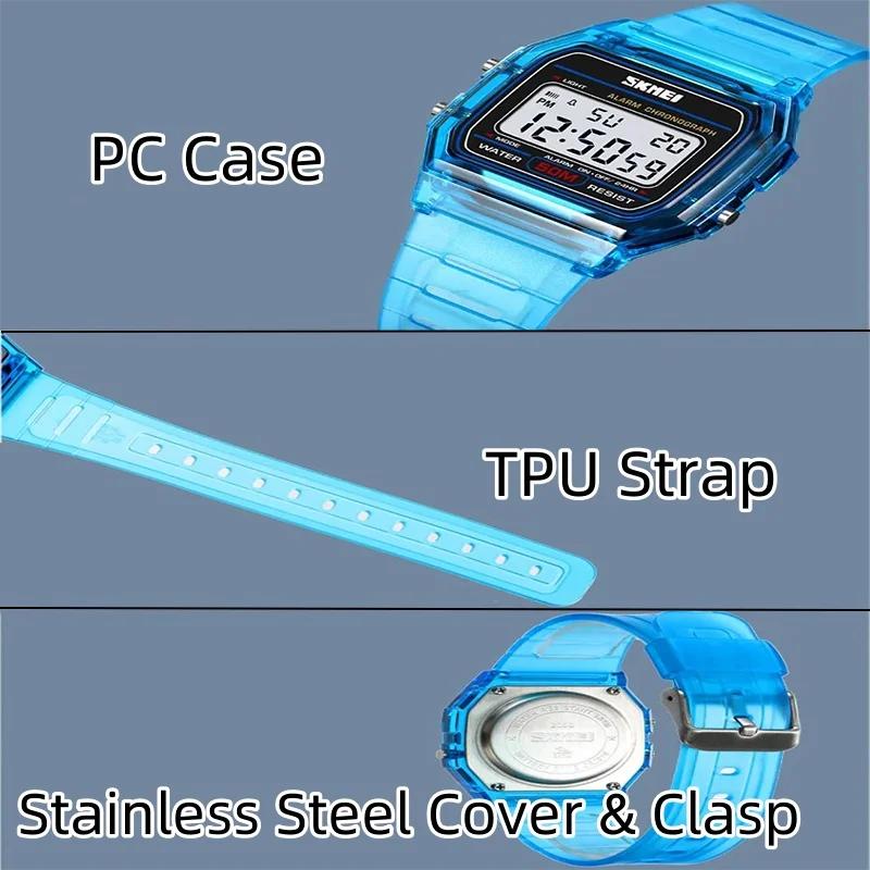 Skmei-Montres numériques étanches pour femmes, boîtier transparent, bracelet en TPU, LED, montre-bra