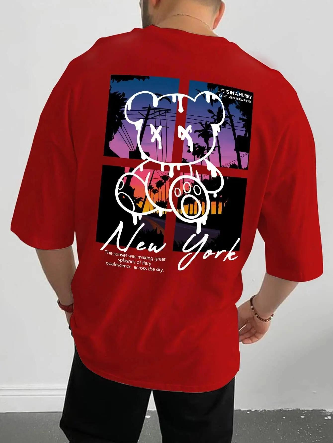 New York Art mot dessin animé ours coucher de soleil paysage conception t-shirts hommes mode coton c