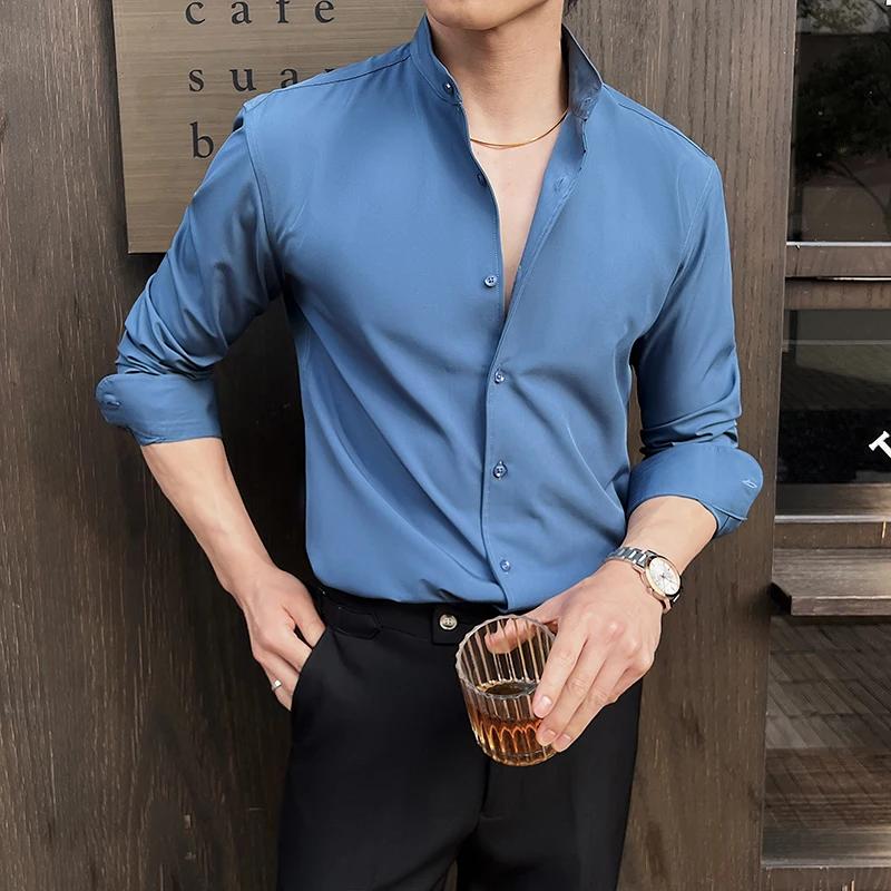 Chemise à col montant pour hommes, nouveau Style chinois, haut de gamme, manches longues, élastique,