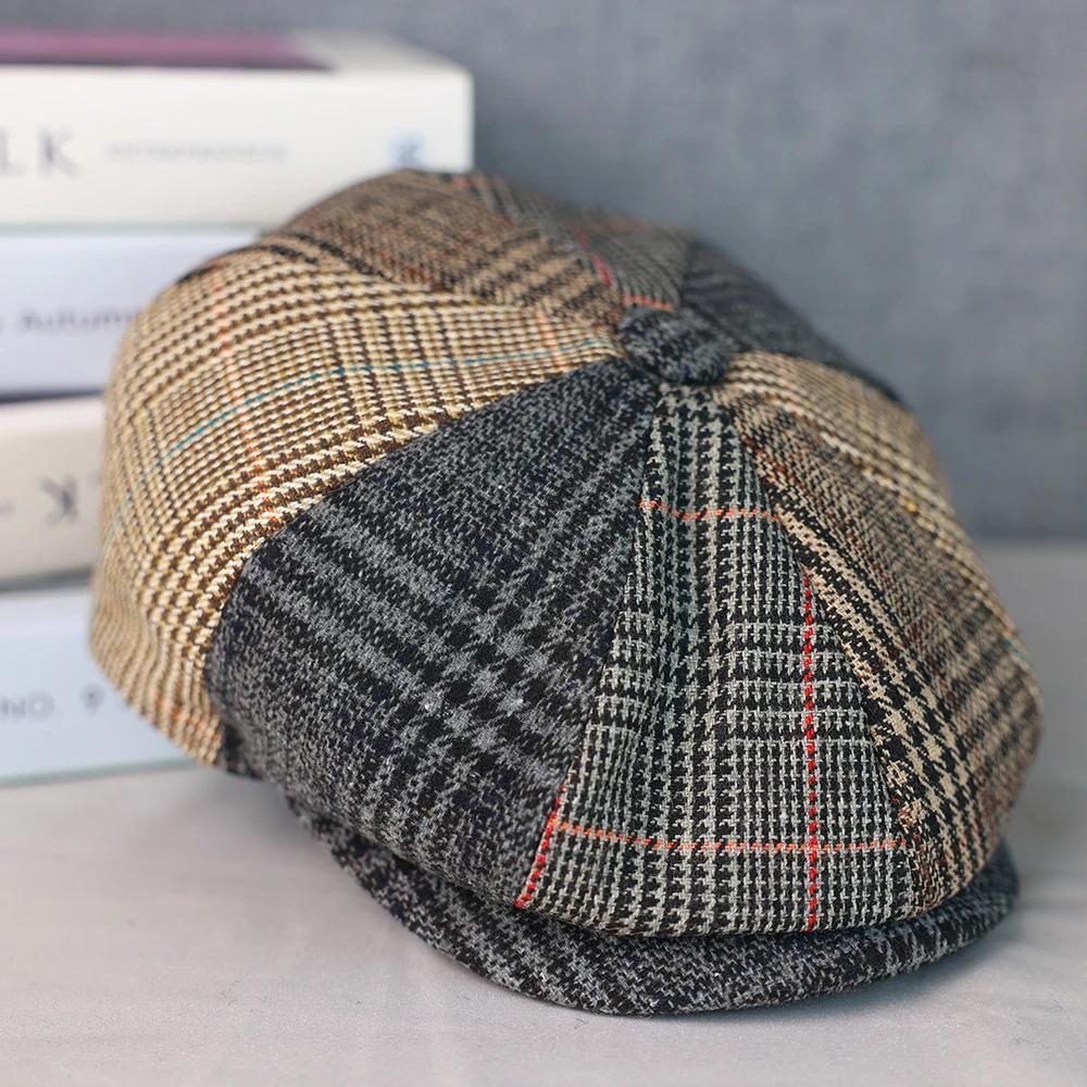 Chapeaux de journal en laine pour hommes et femmes, casquette octogonale Vintage à chevrons, bérets