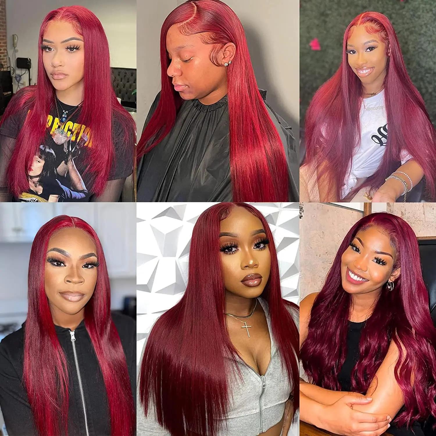 Perruque Lace Front Wig sans colle naturelle, cheveux lisses, bordeaux, HD, 5x5, 13x4, 13x6, pre-plu