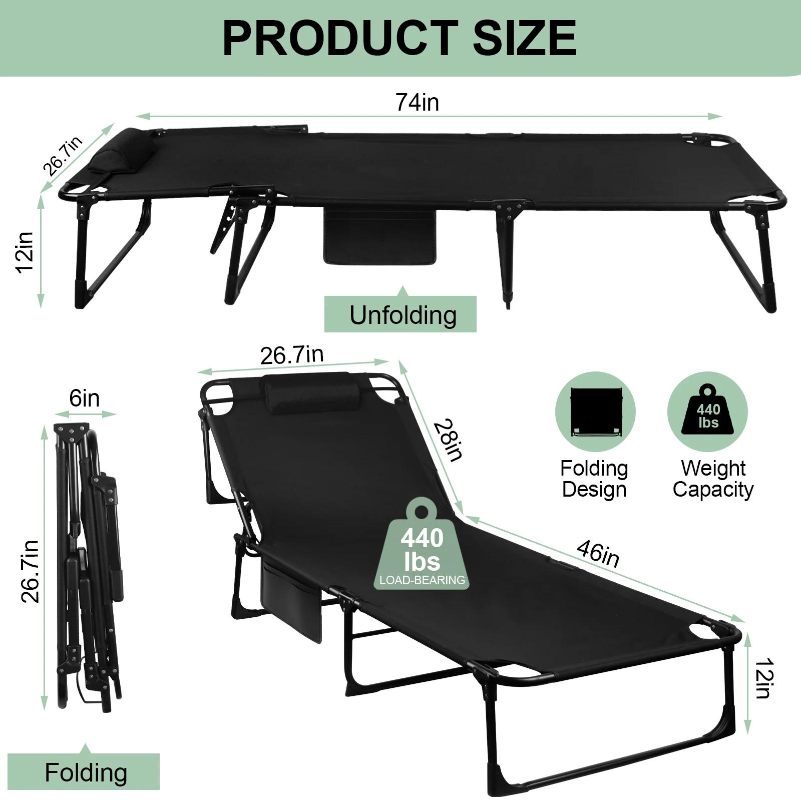 Lit de camping pliant portable – Chaise longue inclinable réglable à 3 positions avec oreiller, lit