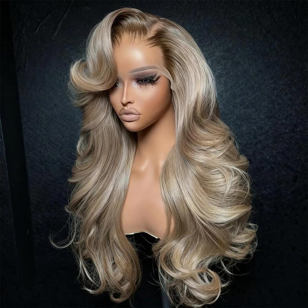 Perruques Lace Front 13x4 Ombré Blond avec Racines Colorées pour Femmes, Cheveux Humains Ondulés Omb