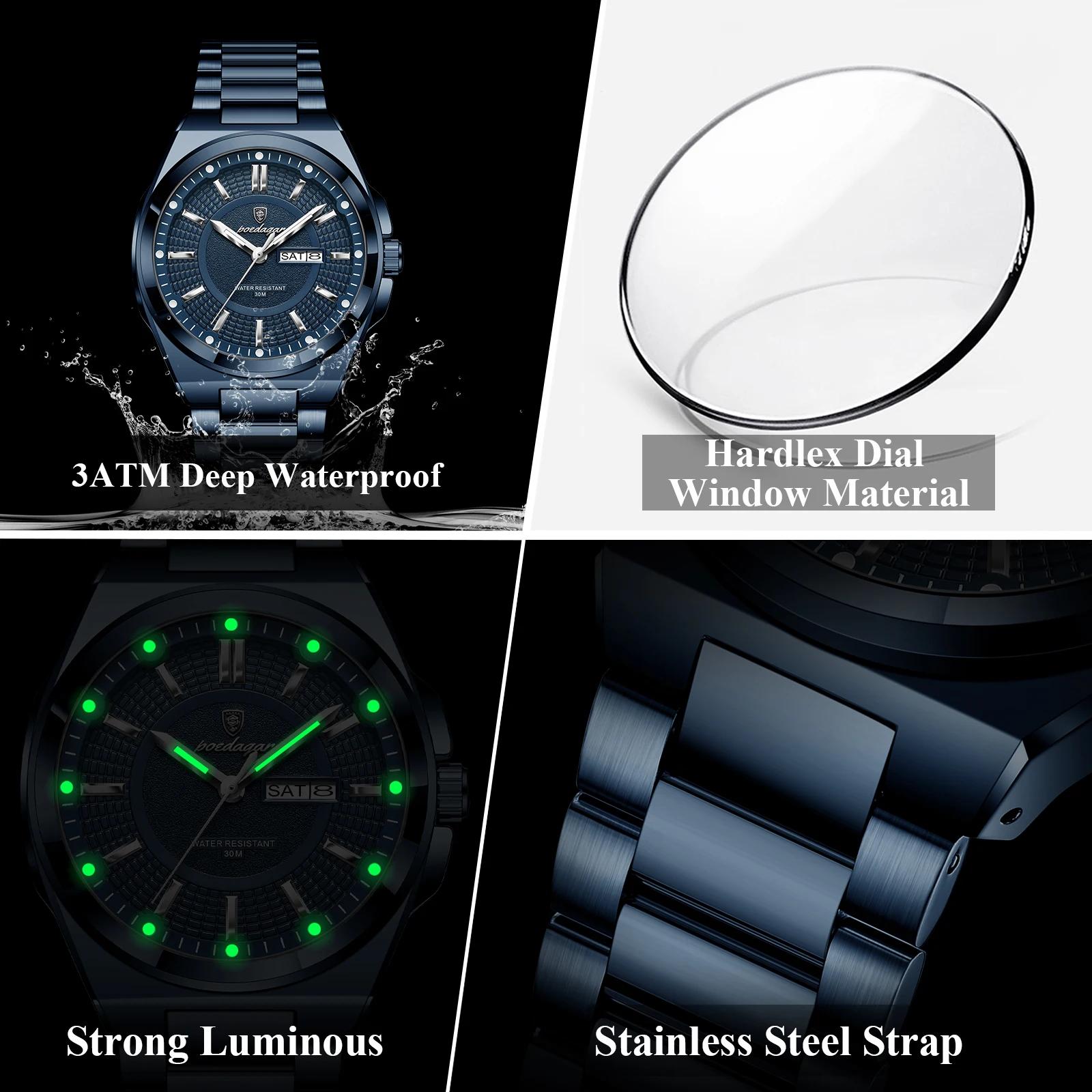 POEDAGAR Top Business hommes montre-bracelet en acier inoxydable étanche lumineux décontracté homme