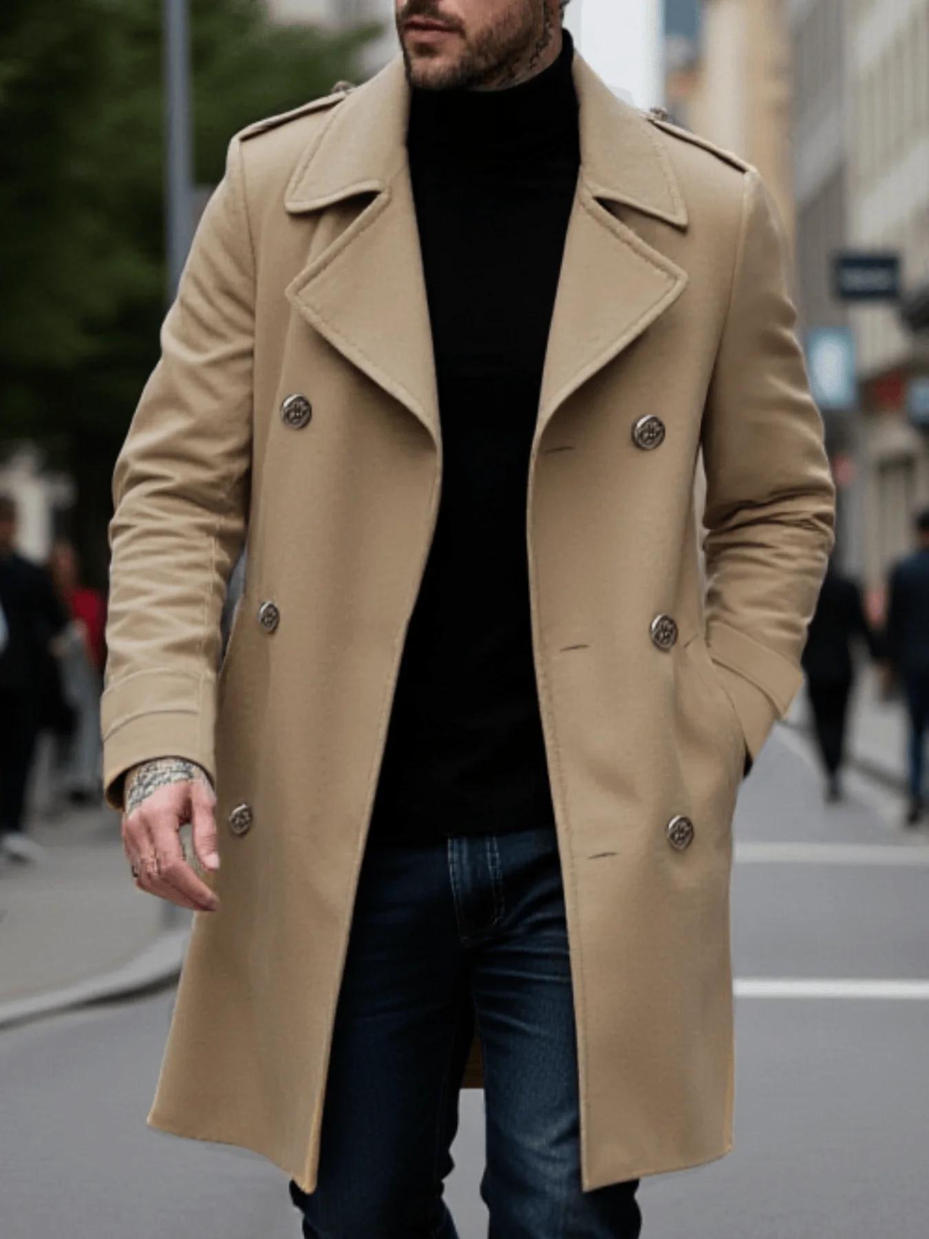 Veste-manteau à feuilles pour hommes début d'automne Plus laine épaisse, Double boutonnage décontrac