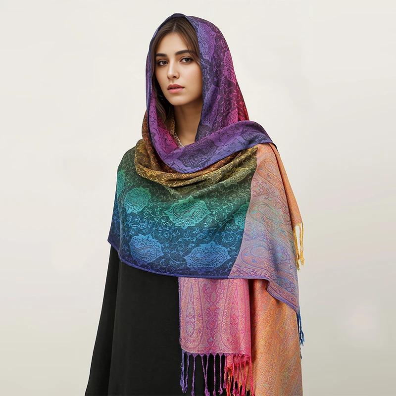 Couleurs arc-en-ciel hiver chaud épais Style ethnique Jacquard écharpe femmes voyage musulman Hijab