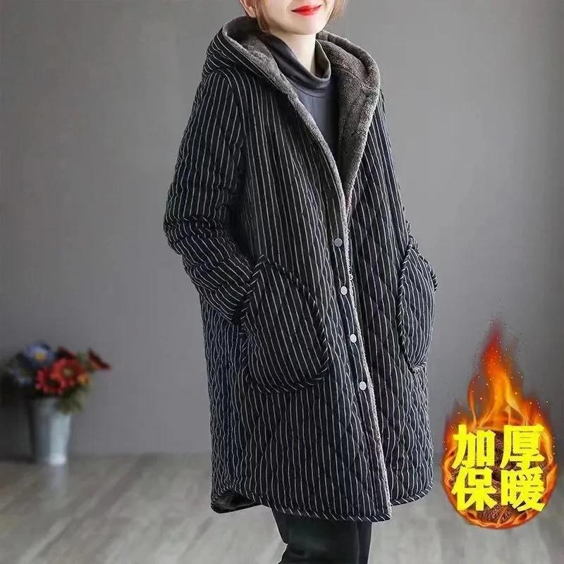 2025 automne hiver nouvelle veste en coton rayé femmes chaud en peluche épaissir manteau à capuche m