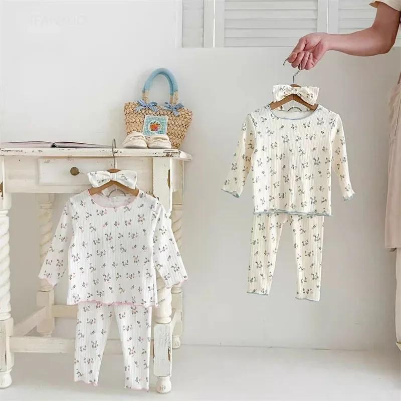  Nouveauté bébé filles imprimé fleuri coton pyjama ensemble à manches longues dentelle garniture de