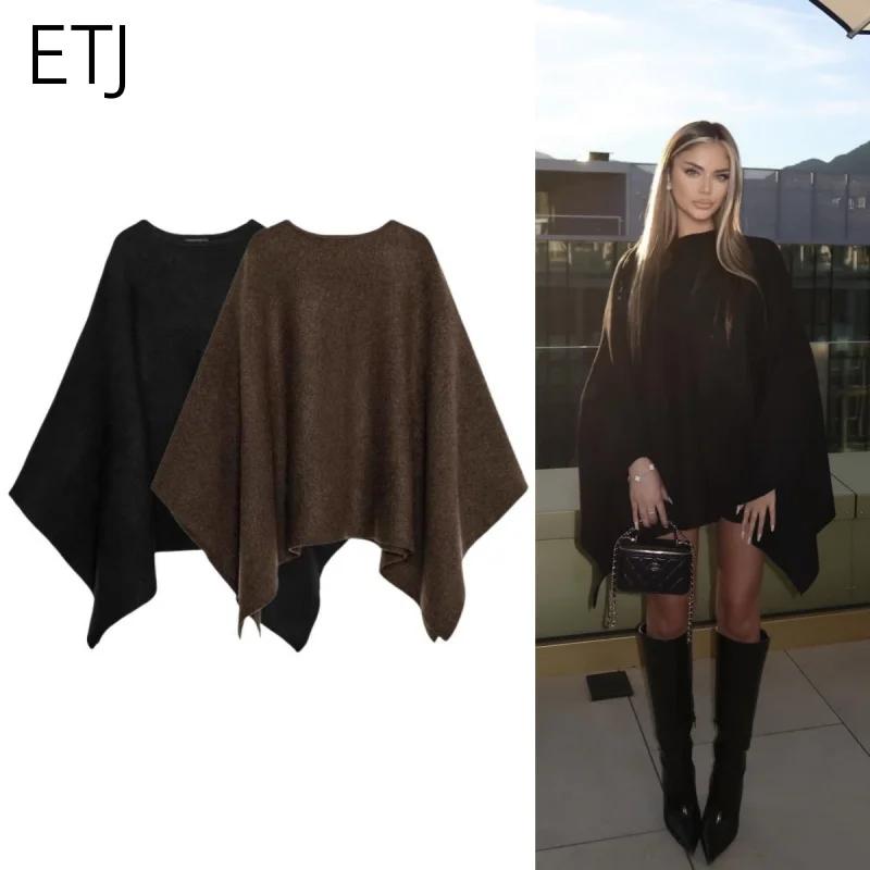 ETJ 2025 nouvelle mode femme surdimensionné version ample du col rond cape pull couleur unie manches