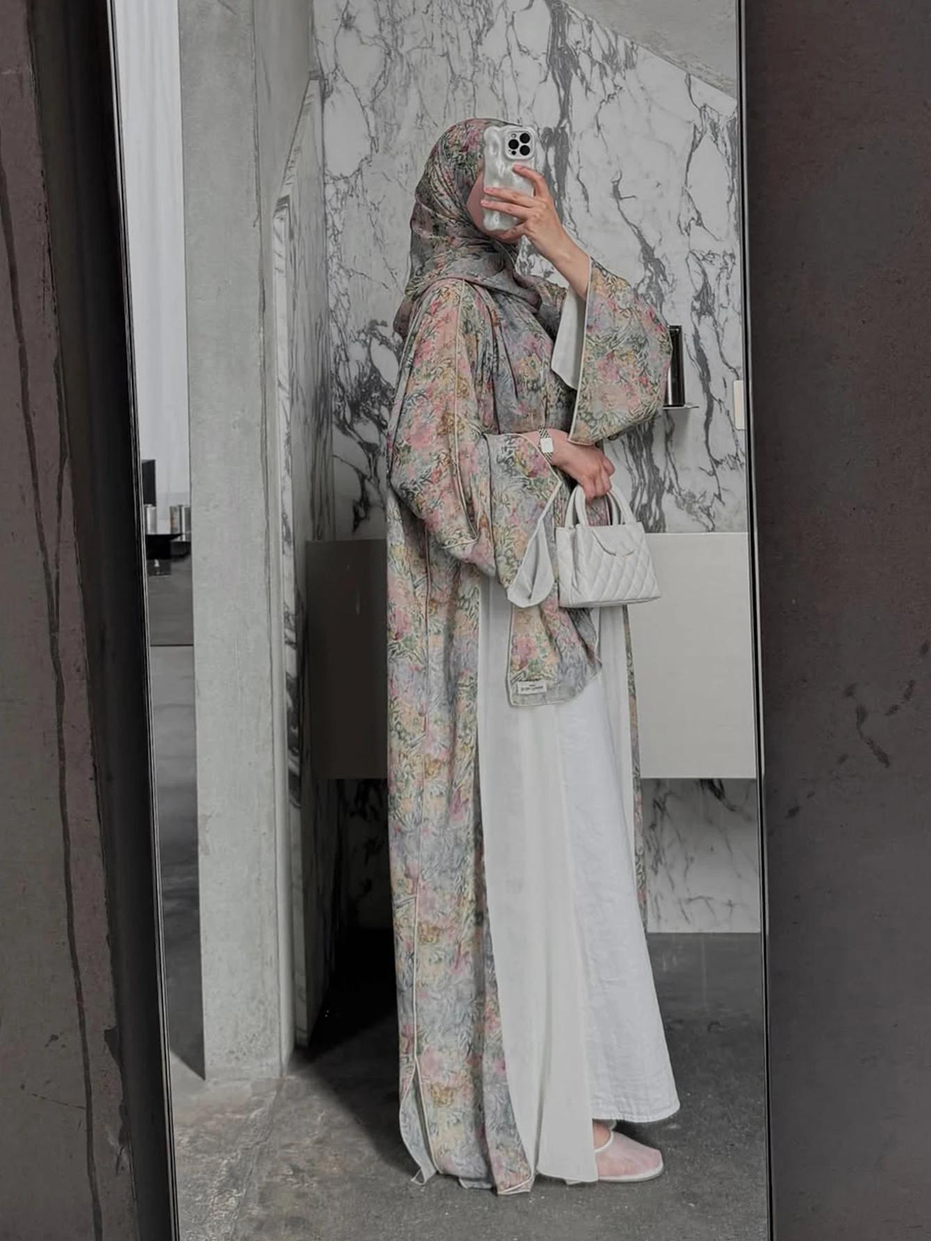 Cardigan traditionnel arabe élégant du moyen-orient, Robe Abaya à manches longues et imprimé Floral