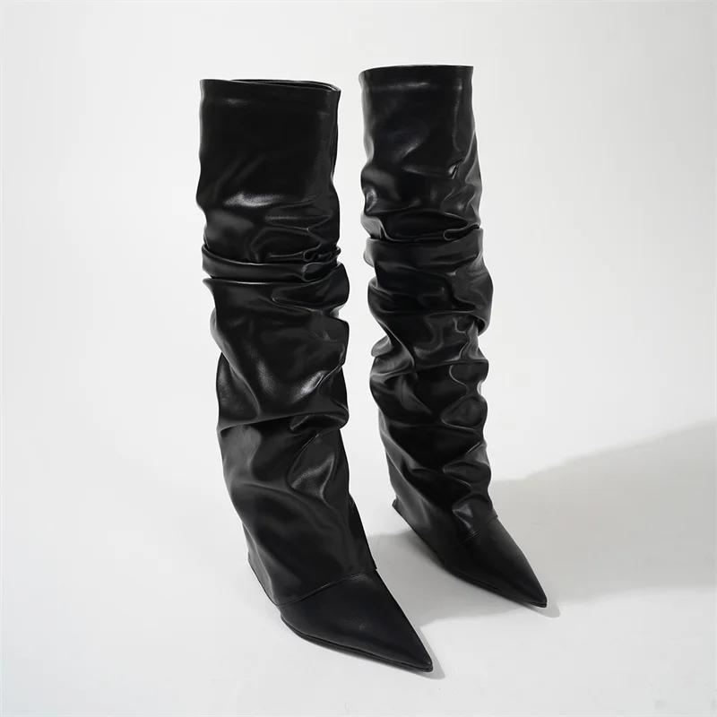 Bottes hautes plissées en cuir noir pour femmes, chaussures à semelles compensées, Sexy, à bout poin