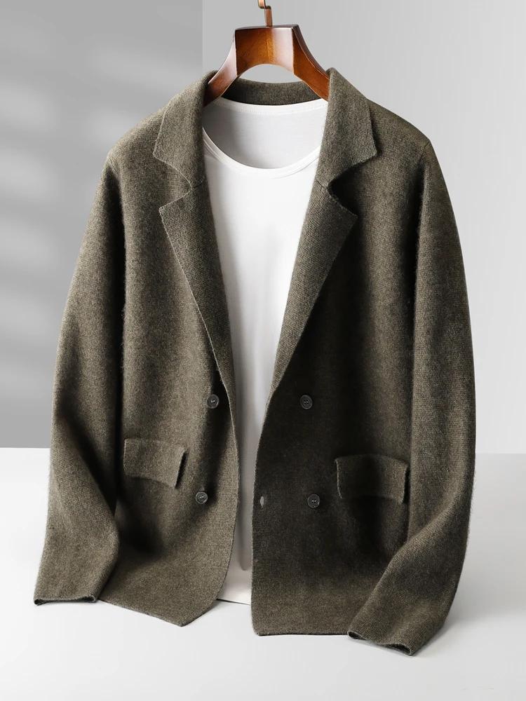 Cardigan en cachemire pour homme, 100% laine mérinos, col de costume, pull doux et chaud, tricot int
