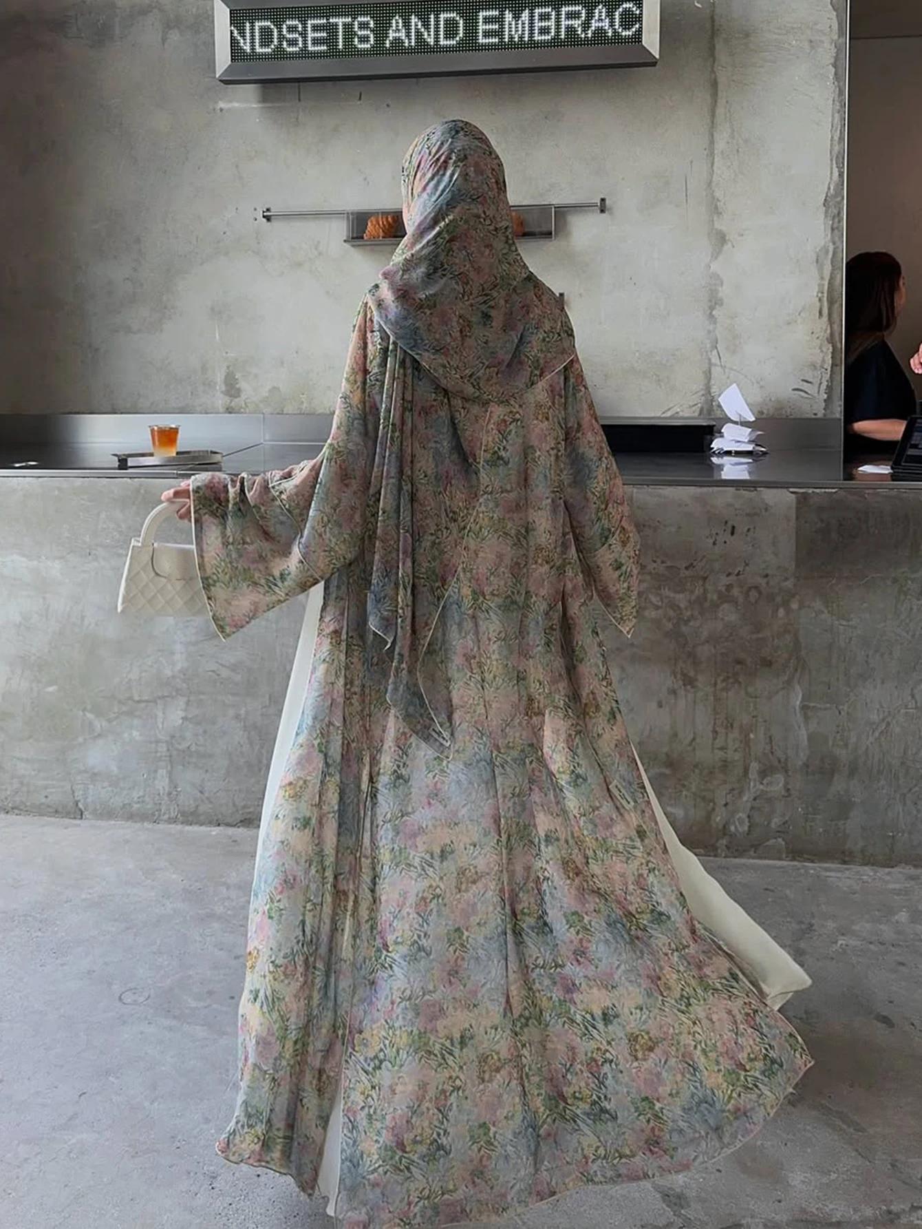 Cardigan traditionnel arabe élégant du moyen-orient, Robe Abaya à manches longues et imprimé Floral