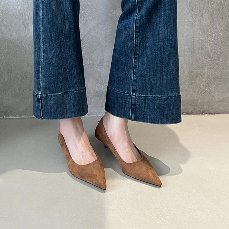 Chaussures de printemps 2026 pour femmes, escarpins fins à talons bas, élégants en daim, à bout poin