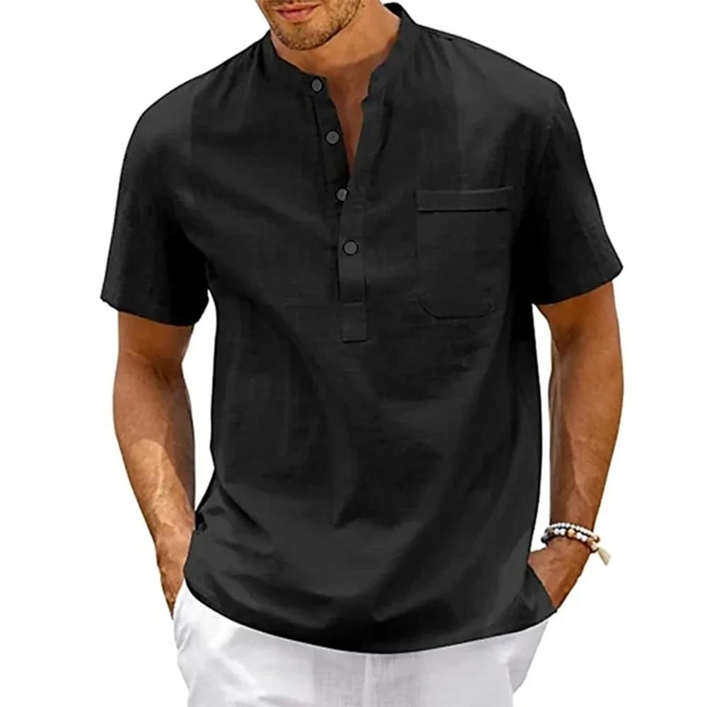 Chemise en coton et lin pour hommes, col Henley, poche, décontractée, plage, manches courtes, couleu