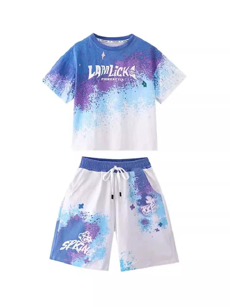 Ensemble ample et décontracté pour garçons, T-shirt + Short dégradé, 2 pièces, vêtements de Sport à
