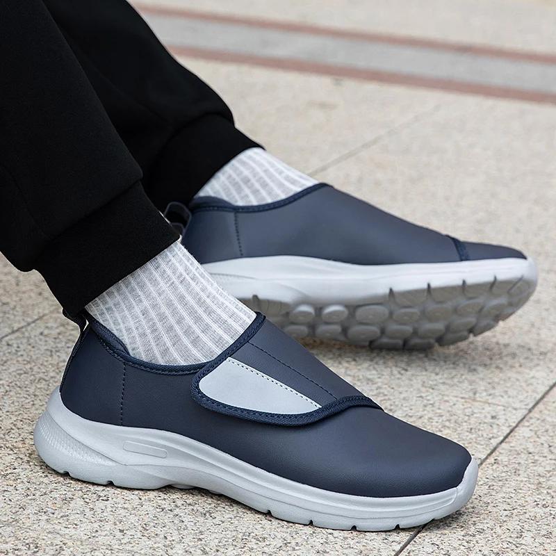 Baskets orthopédiques en cuir pour diabétiques pour hommes, chaussures ouvertes à ajustement large a