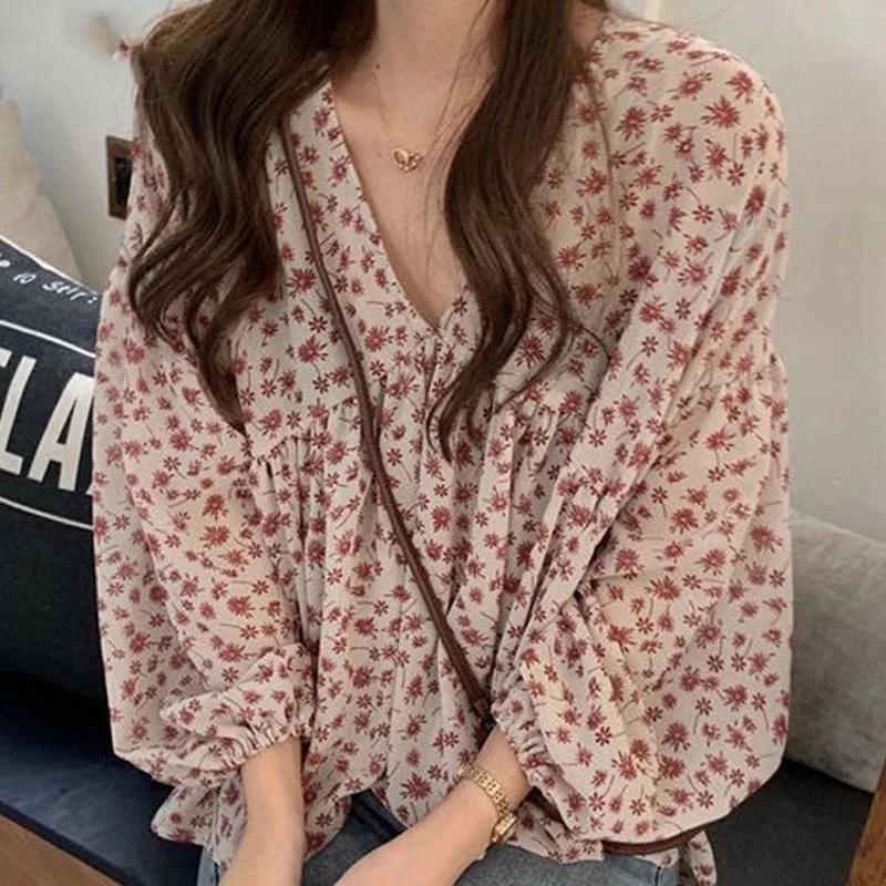 Col en v en mousseline de soie chemise femmes doux hauts Blouse 2025 printemps coréen imprimé fleuri