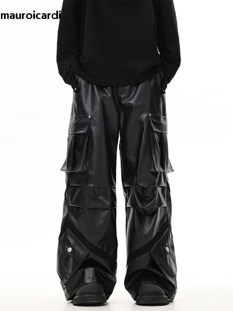 Mauroicardi-Pantalon Cargo en Cuir PU pour Homme, Baggy Noir, Jambes Larges, Poches Tridimensionnell
