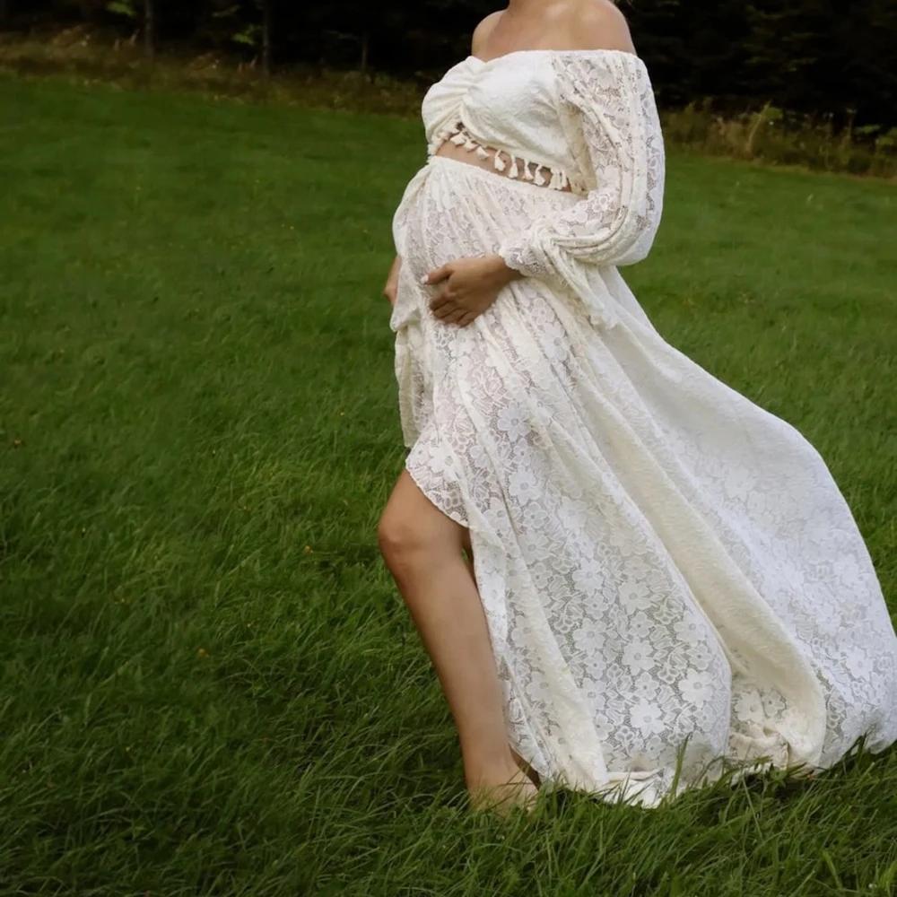 ALTERPhotography-Robe fendue sexy en dentelle creuse pour femme enceinte, ensemble de 2 pièces, robe
