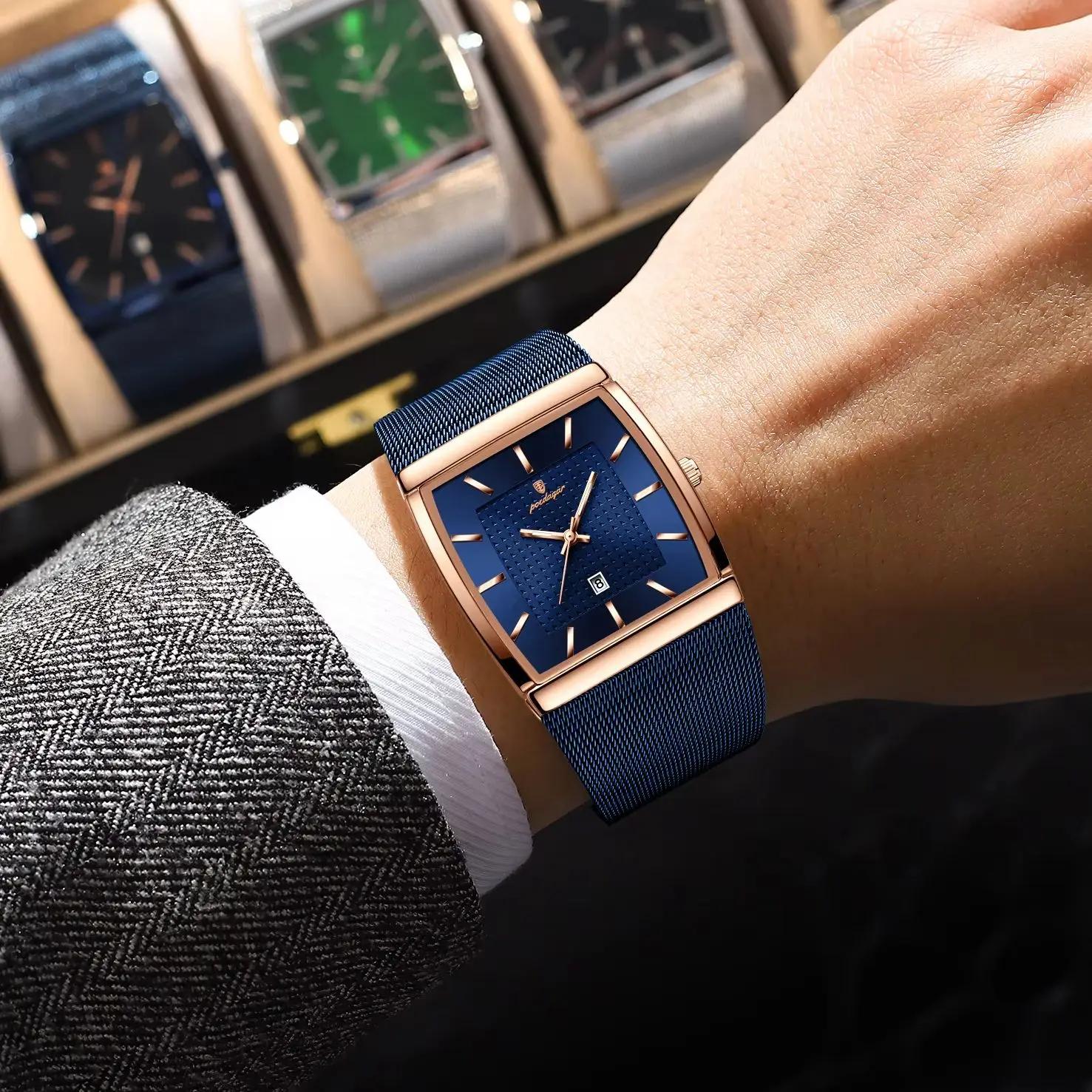 POEDAGAR Top luxe hommes montre en acier inoxydable maille Date étanche lumineux homme montre-bracel