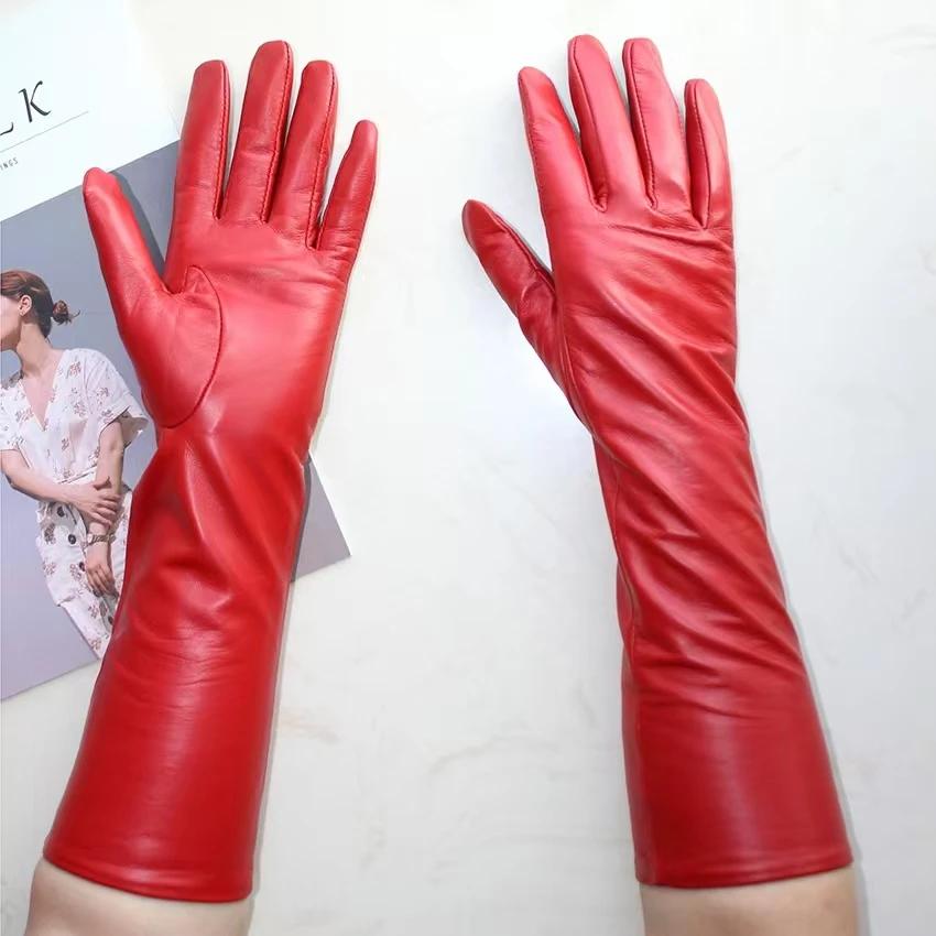 Nouveaux gants longs en peau de mouton pour femmes, gants en cuir de couleur unie pour écran tactile