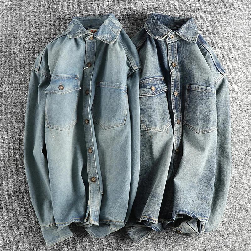 Manteau en denim rétro américain à manches longues pour hommes, revers, pur coton, lavé, vieux, mult