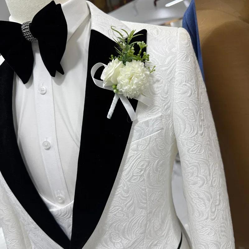 Costumes de mariage Thorndike pour hommes, jacquard blanc avec col en satin noir, smoking 3 pièces,
