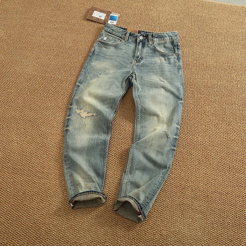 Jean en Denim Patchwork de style rétro américain pour hommes, pantalon droit effilé, extensible, dél