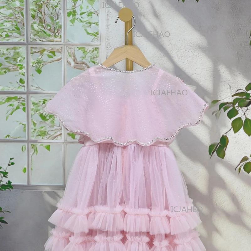 Robes et ensembles pour enfants, robe de princesse rose faite à la main avec fleurs 3D, robes d'anni