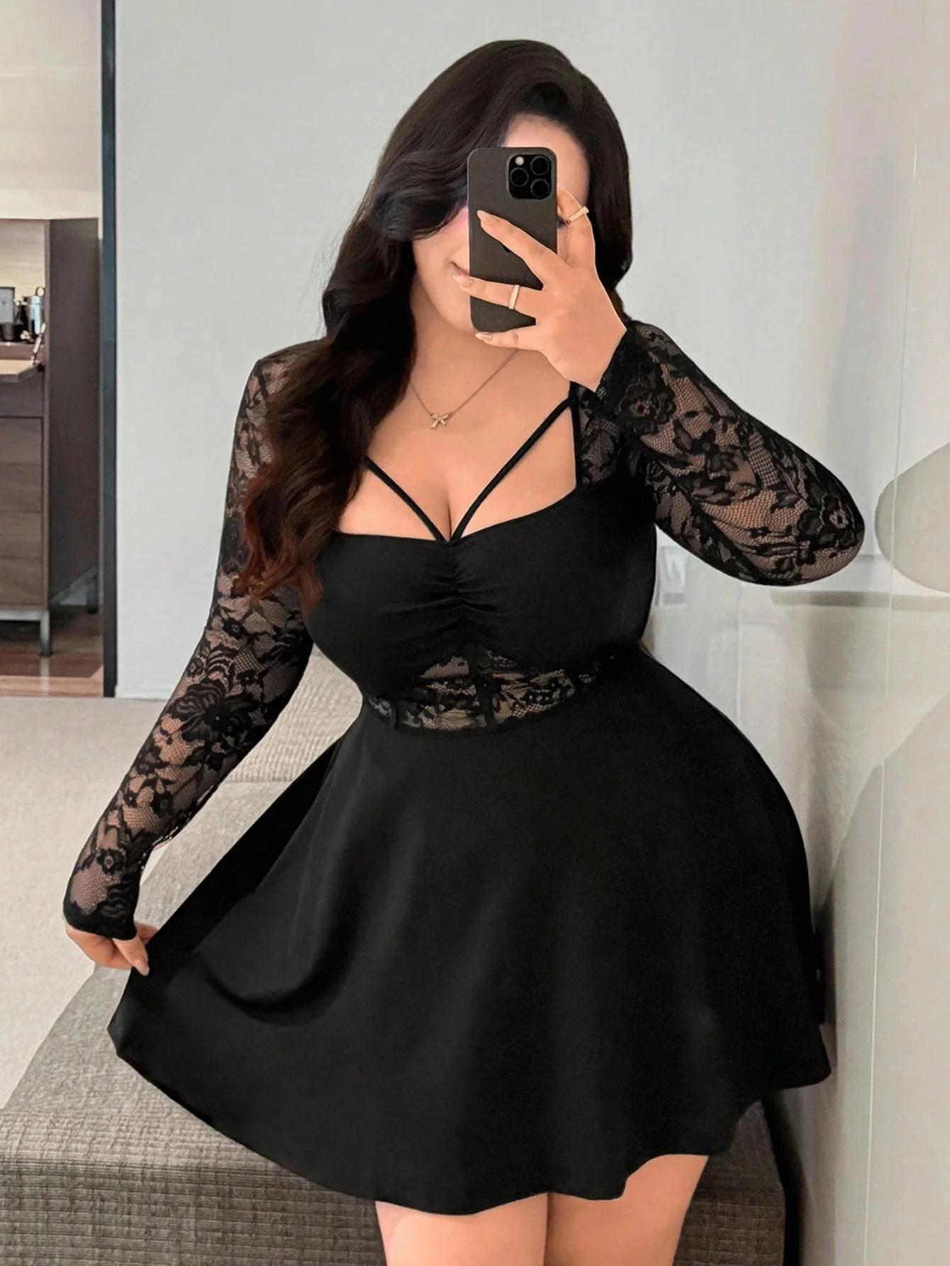 Robe en dentelle à manches longues pour femmes, grande taille, robe courte en dentelle, tenue décont