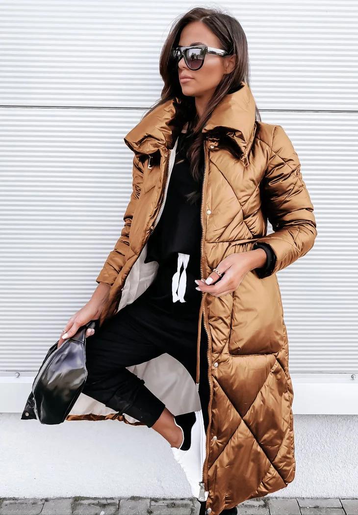 Parkas brillants vêtements d'extérieur femmes à manches longues revers Long hiver garder au chaud Pa