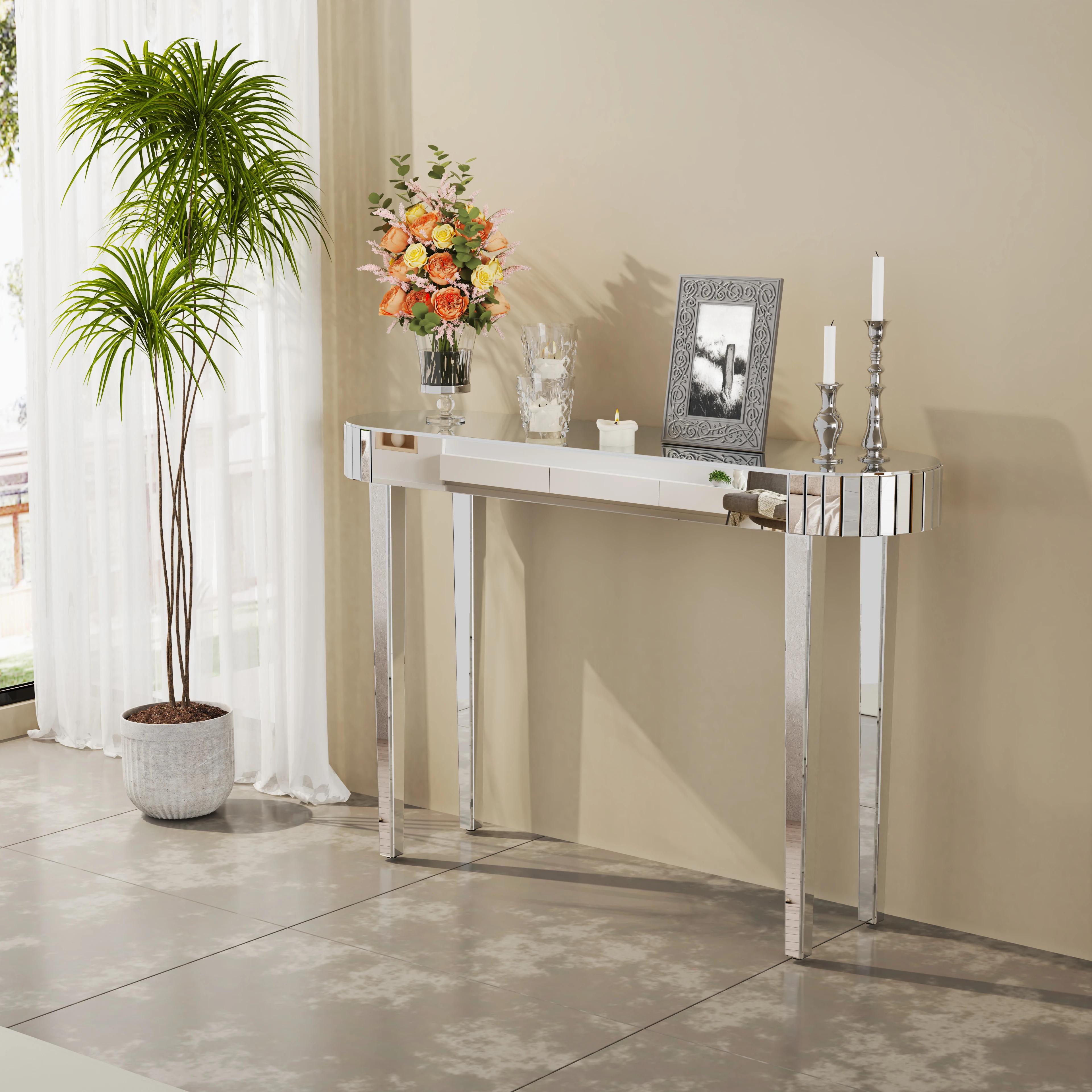 Table console miroir finition lisse, coiffeuse de maquillage miroir pour femmes, bureau de bureau à