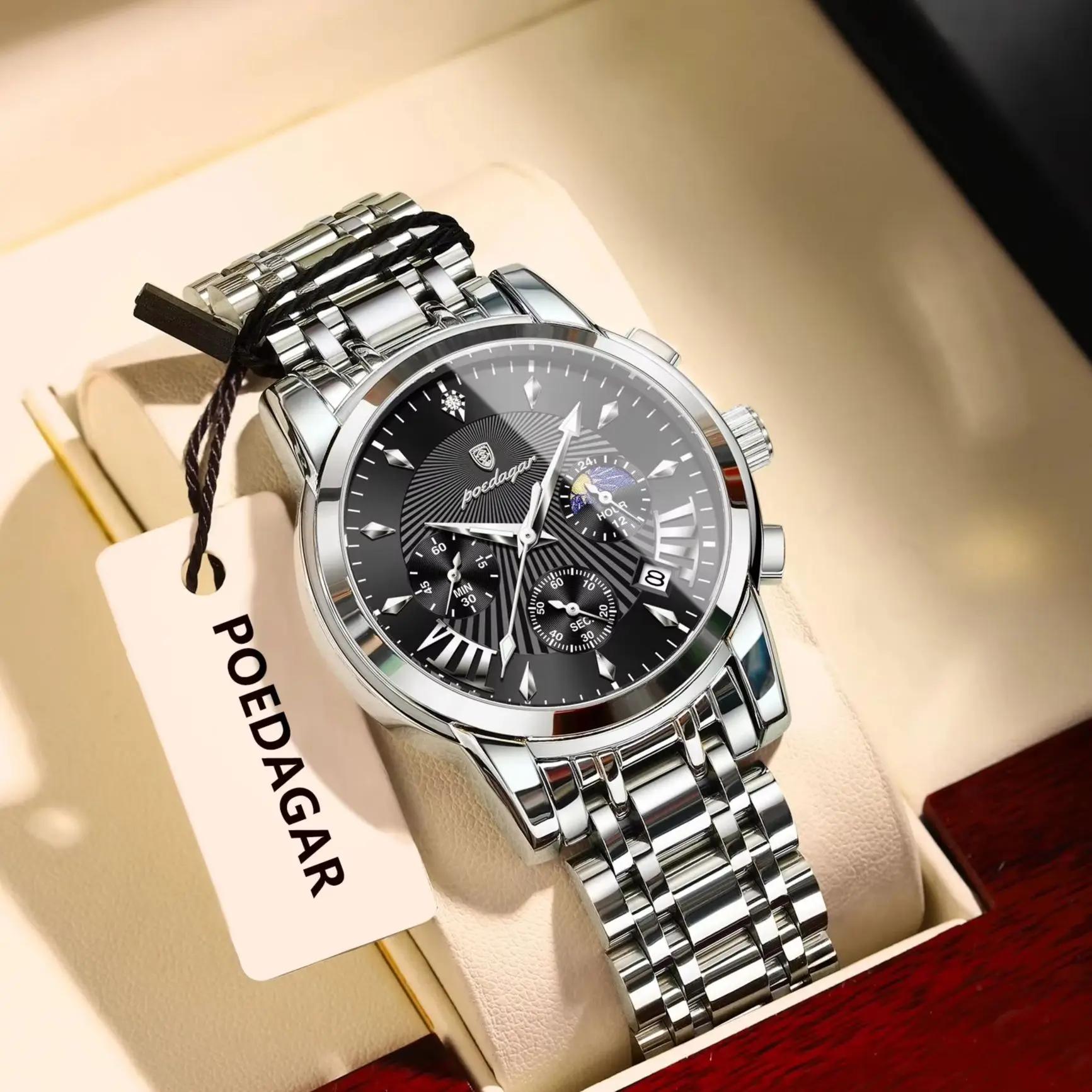 POEDAGAR Original militaire hommes montres étanche lumineux Date chronographe homme montre en acier