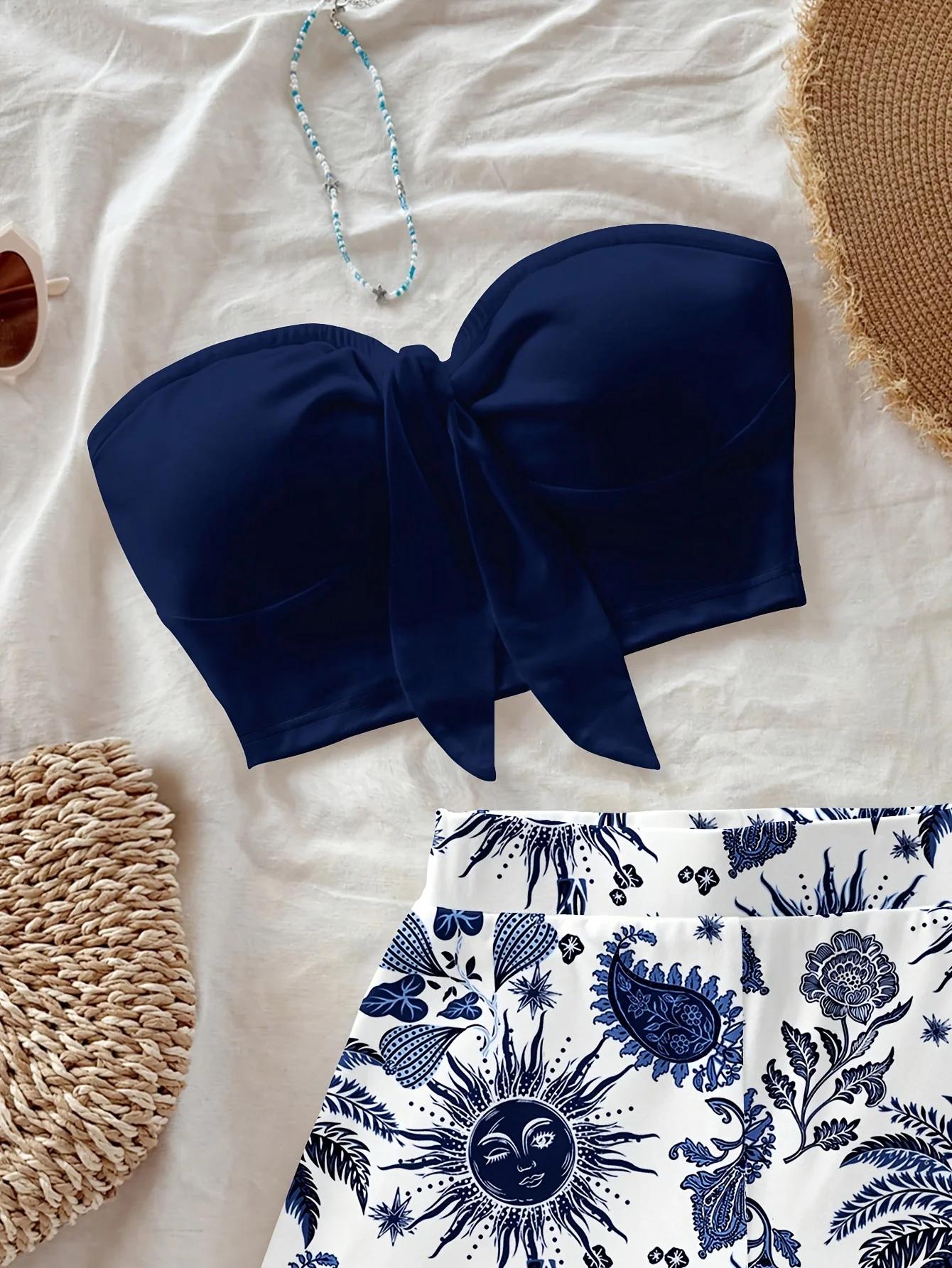 Ensemble 2 pièces pour femmes, imprimé cocotier et Dieu du Soleil, idéal pour les vacances d'été et