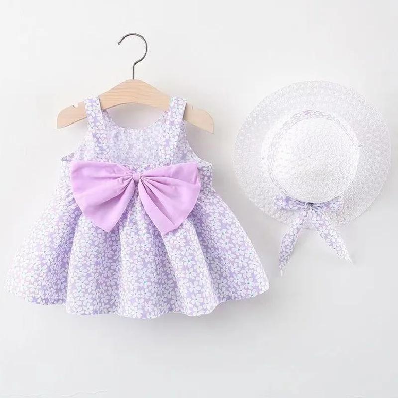 Vêtements d'été pour bébés de 0 à 3 ans, robe de princesse fleurie sans manches avec chapeau et nœud