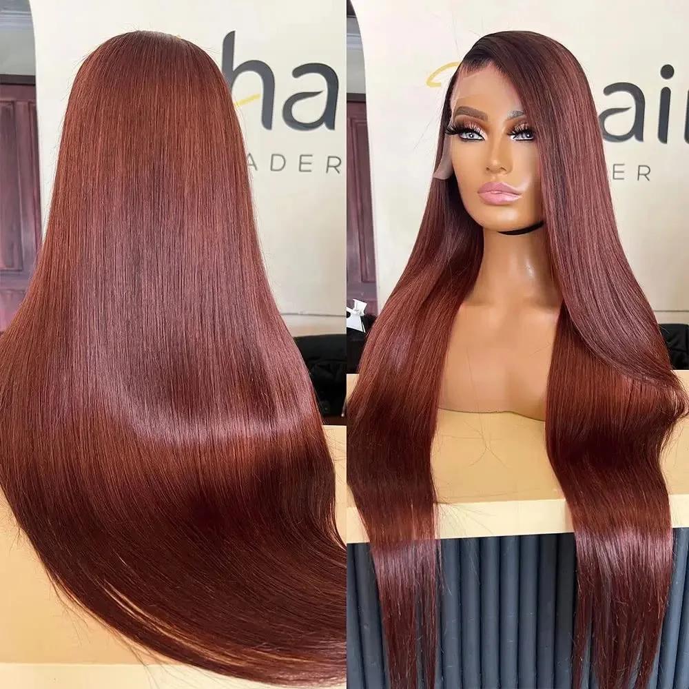 Perruque Lace Front Wig Brésilienne Naturelle Cheveux Lisses, Brun Rousse, Auburn, Cuivre, 13x6, Den