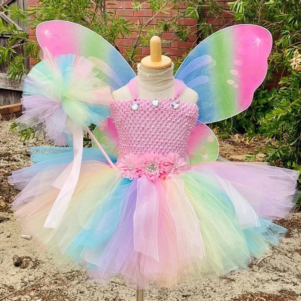 Robe de fée papillon Pastel pour filles, Tutu à fleurs avec aile et bâton, tenue avec nœud de cheveu