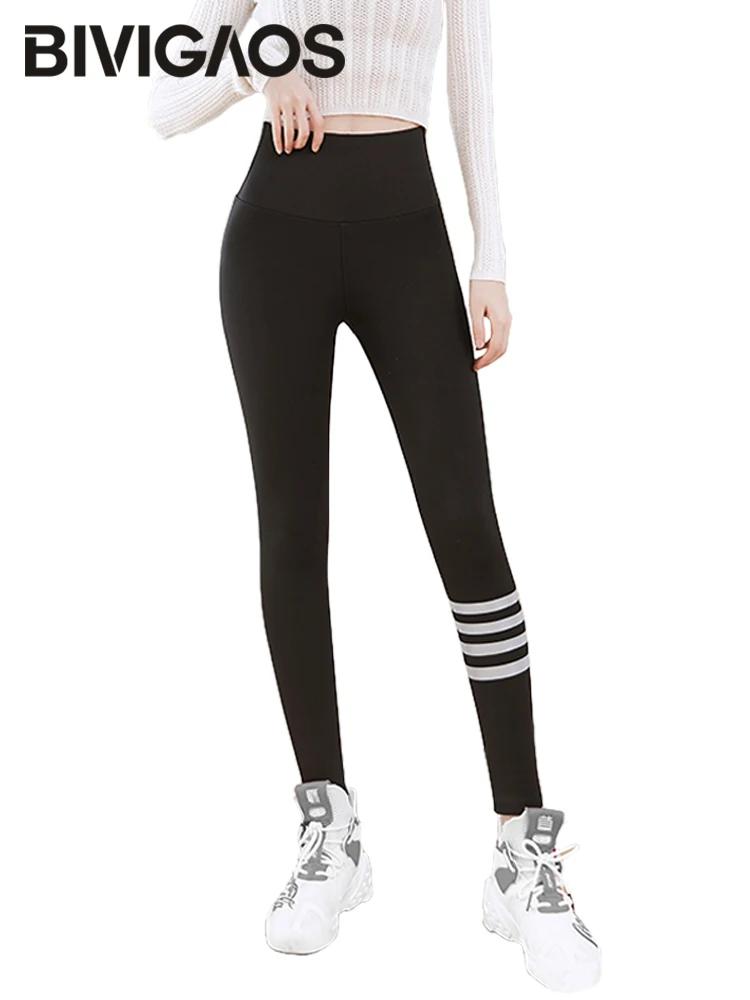BIVIIncome OS-Leggings slim taille haute en peau de requin à quatre rayures pour femme, pantalon de