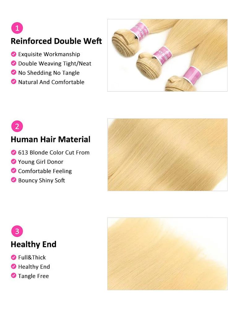 Tissage en lot brésilien Remy naturel lisse blond miel 613, extensions de cheveux, 8 - 40 pouces, ac
