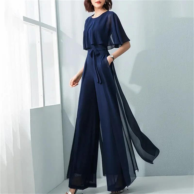 Combinaison longue en mousseline de soie pour femmes, manches feuille de Lotus, ensemble à jambes la