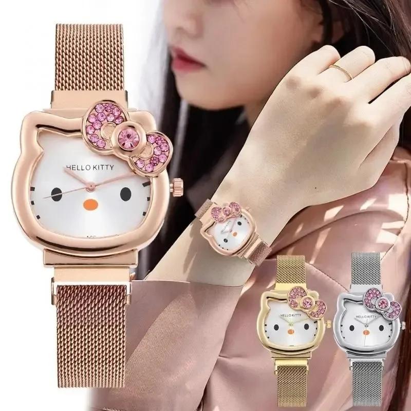 Montre à quartz tendance Sanrio Anime Hello Kitty avec nœud, montre à quartz avec petit cadran magné