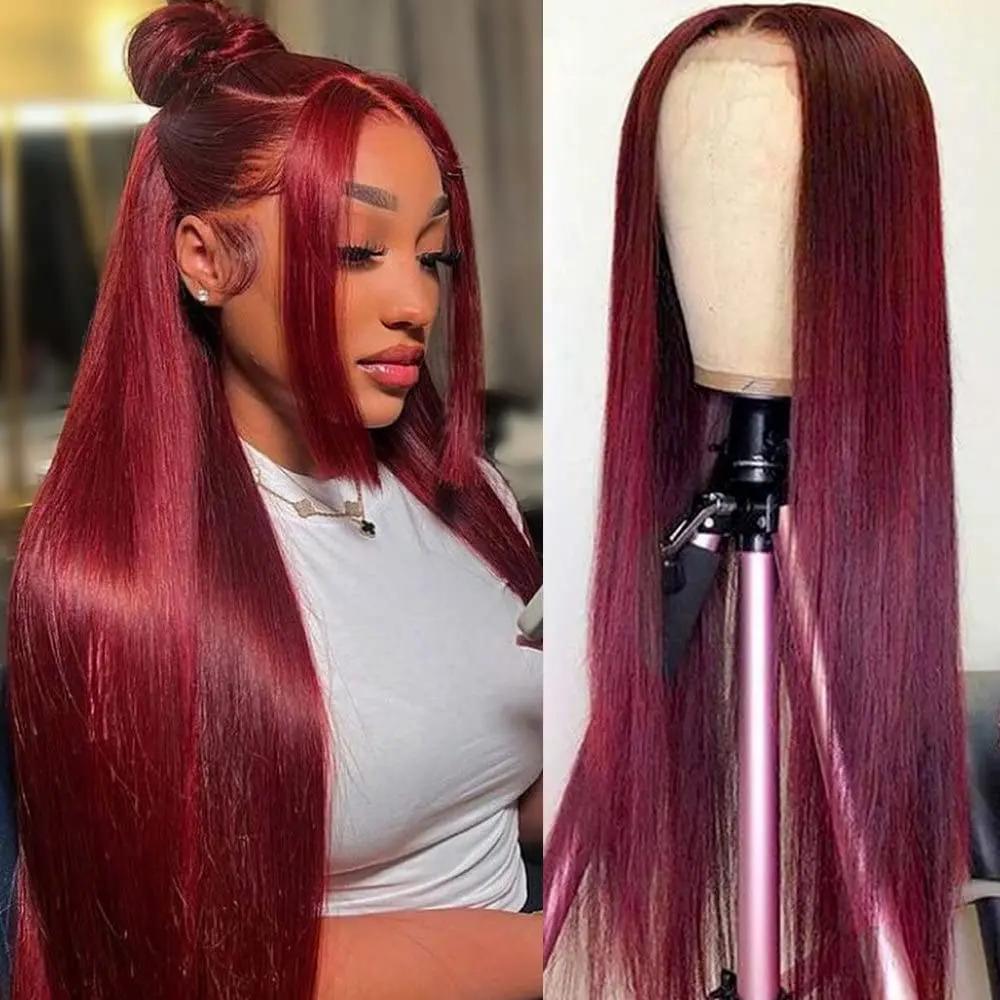 Perruque Lace Front Wig sans colle naturelle, cheveux lisses, bordeaux, HD, 5x5, 13x4, 13x6, pre-plu