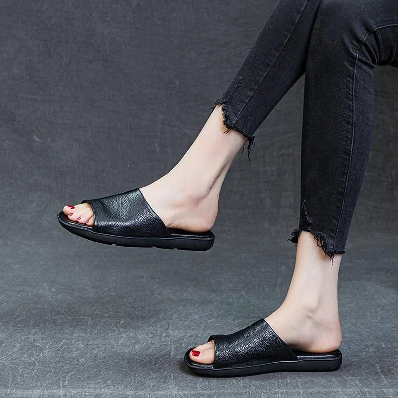 DRKANadvocate-Pantoufles en cuir véritable pour femmes, pantoufles d'été ouvertes, à enfiler, pour l