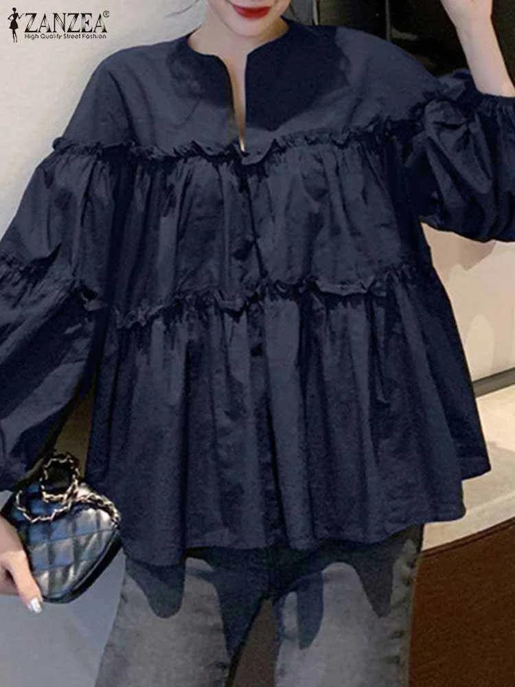 ZANZEA mode femmes à manches longues bouffantes Blouse automne printemps Eelgant chemise volants Blu