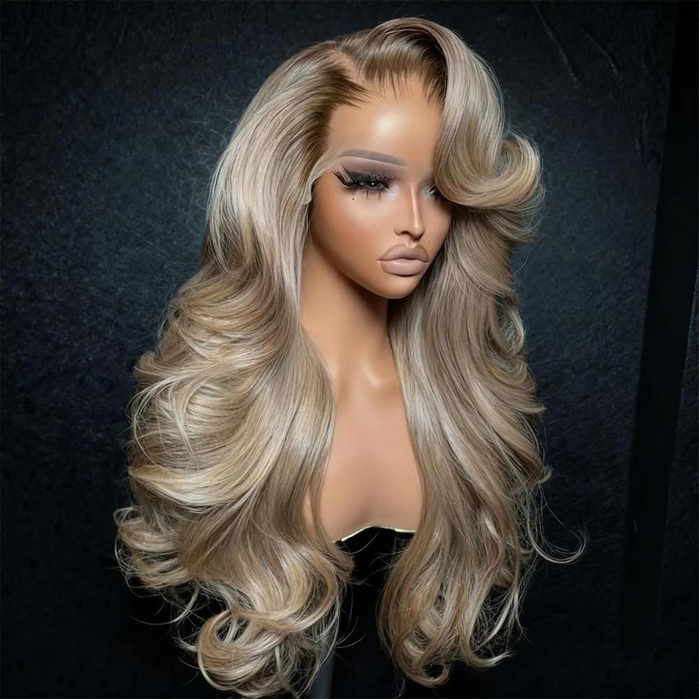 Perruques Lace Front 13x4 Ombré Blond avec Racines Colorées pour Femmes, Cheveux Humains Ondulés Omb