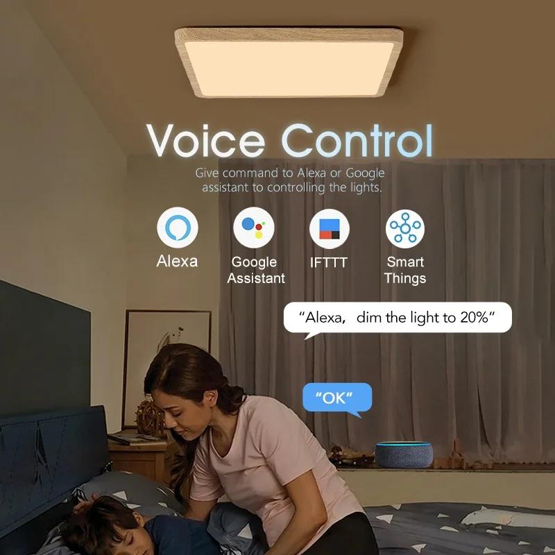 MARPOU Tuya plafonnier LED intelligent Grain de bois App commande vocale Alexa/Google télécommande p