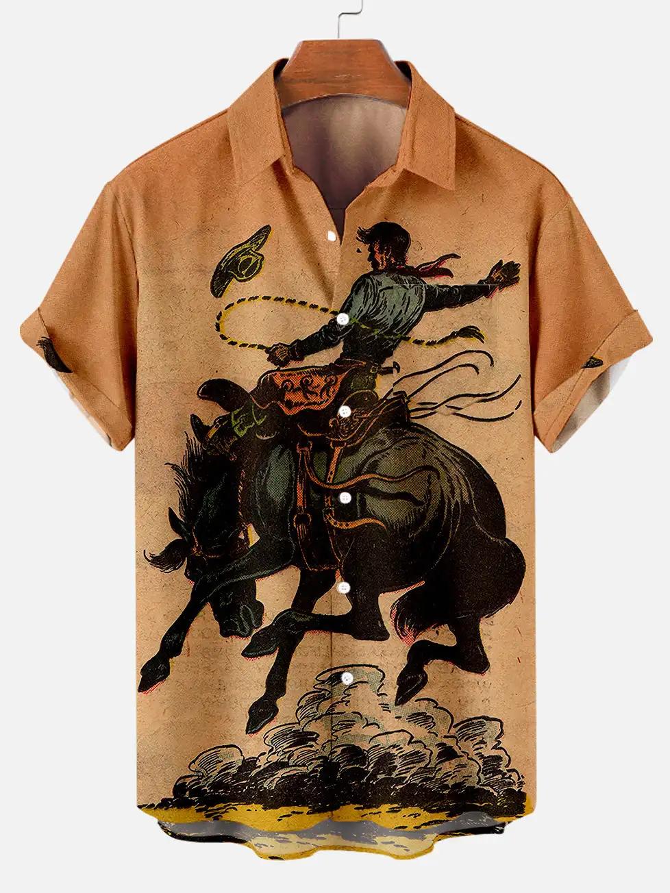 Chemise de cowboy équestre rétro décontractée pour hommes, impression 3D, chemise à col coloré, chem