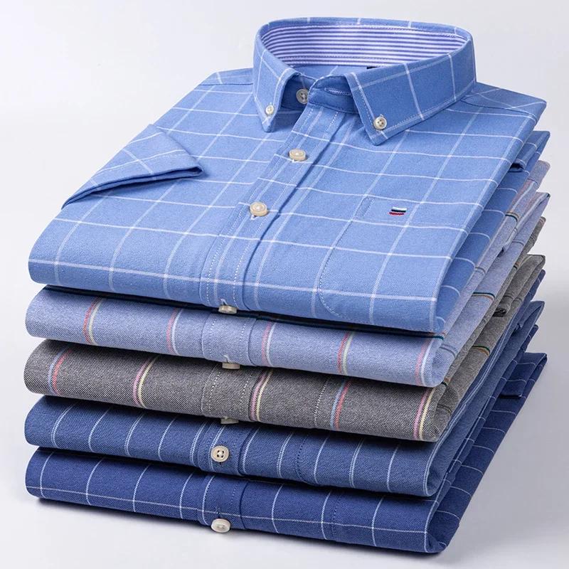 Nouvelle chemise sociale pour hommes à manches courtes 100% pur coton Oxford doux boutonné Plaid for